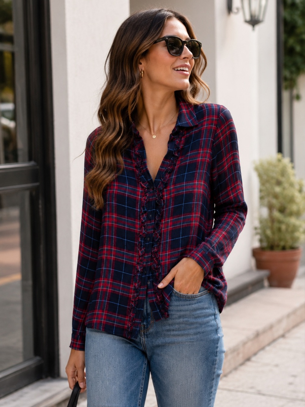 Zara Navy Red Plaid Ruffle Button Front Blouse Top XS Long Sleeve